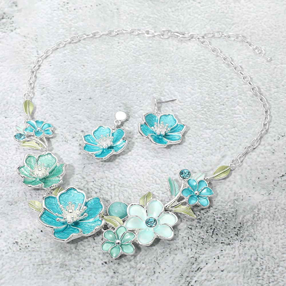Madeline Love Silver, Teal Floral Link Statement Necklace - Necklaces