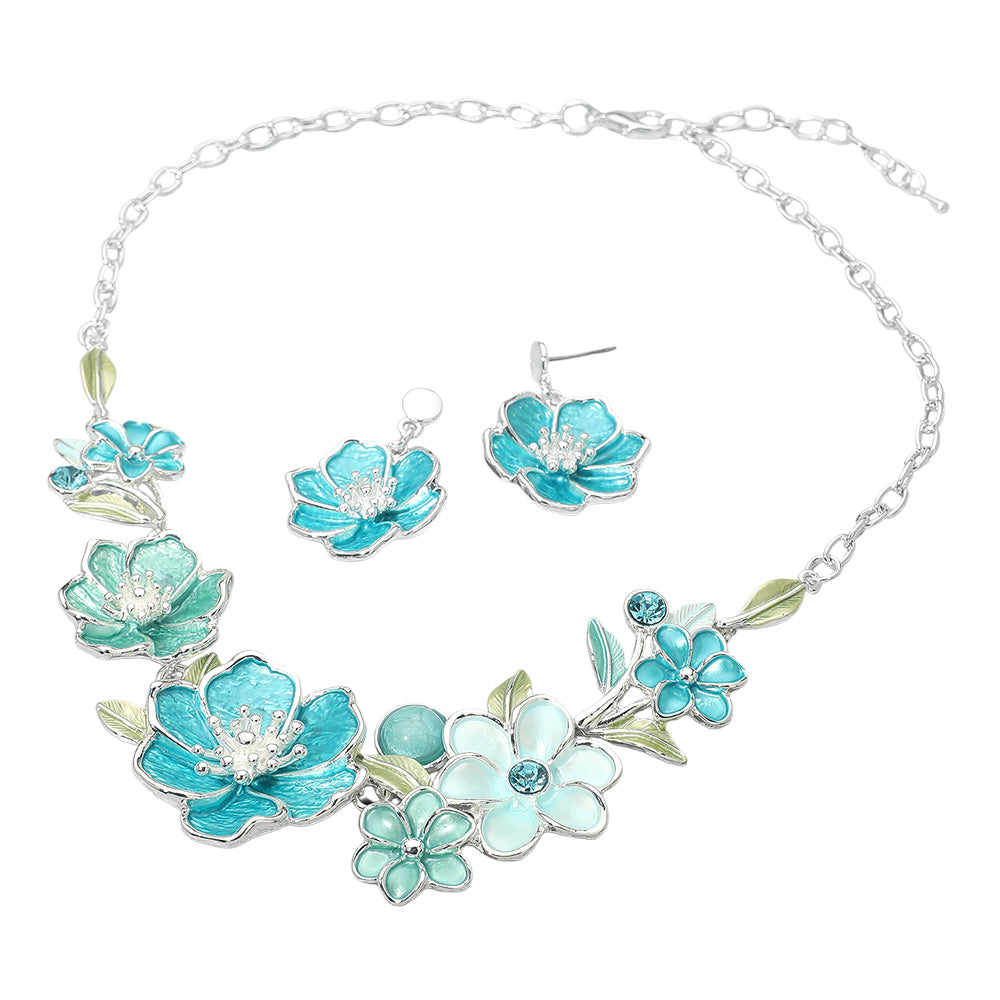 Madeline Love Silver, Teal Floral Link Statement Necklace - Necklaces - desc