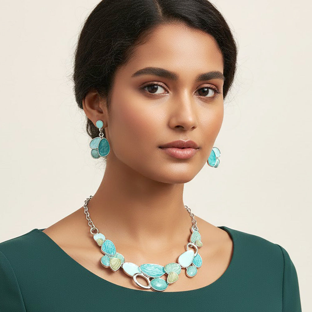 Madeline Love Silver, Teal Organic Shape Link Statement Necklace - Necklaces