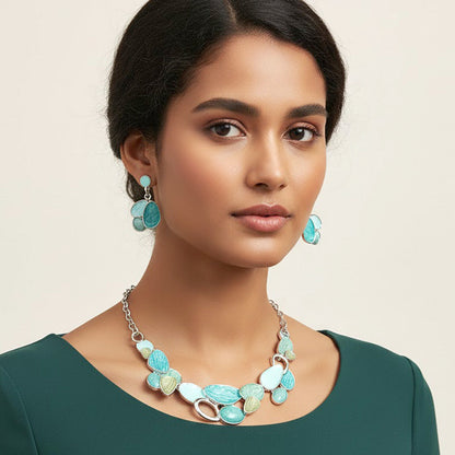 Madeline Love Silver, Teal Organic Shape Link Statement Necklace - Necklaces