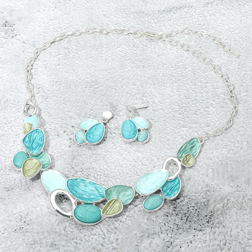 Madeline Love Silver, Teal Organic Shape Link Statement Necklace - Necklaces - desc