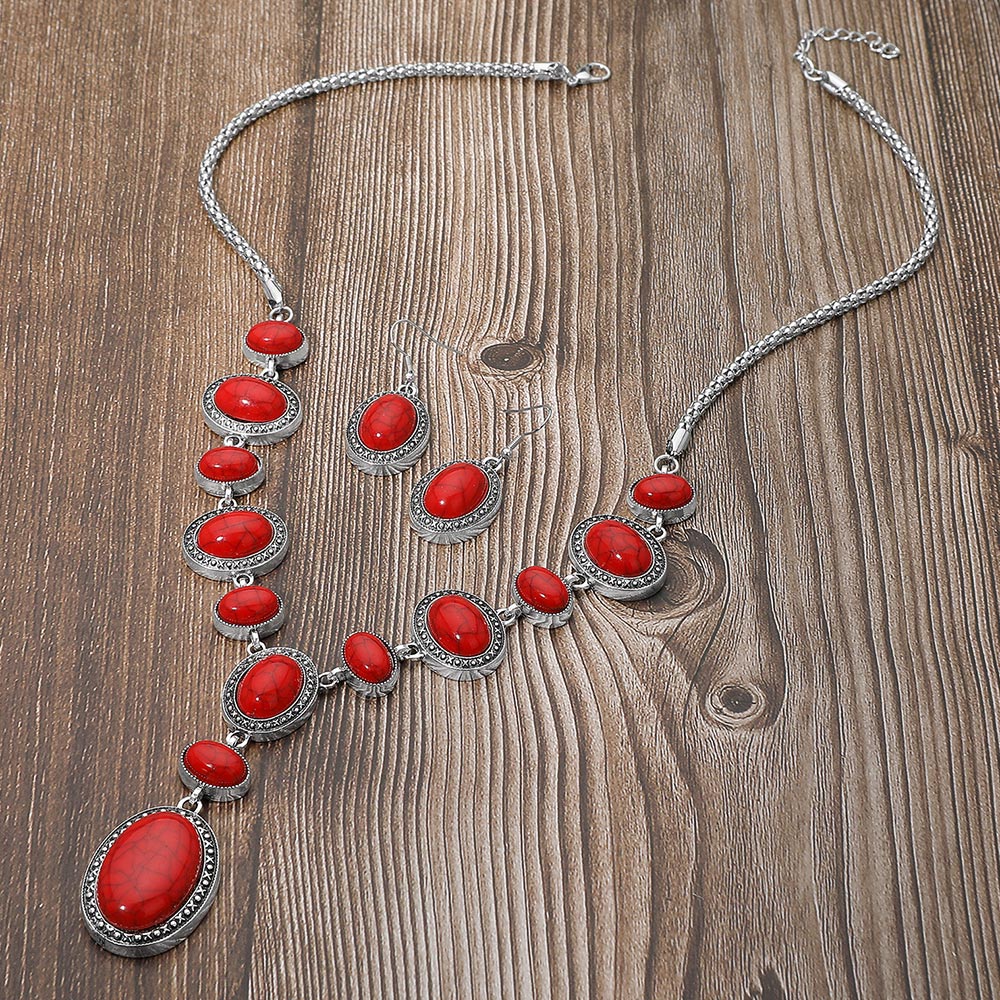 Madeline Love Red Bold Vintage Boho Oval Stone Link Cascading Statement Necklace - Necklaces