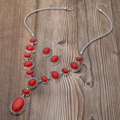 Madeline Love Red Bold Vintage Boho Oval Stone Link Cascading Statement Necklace - Necklaces