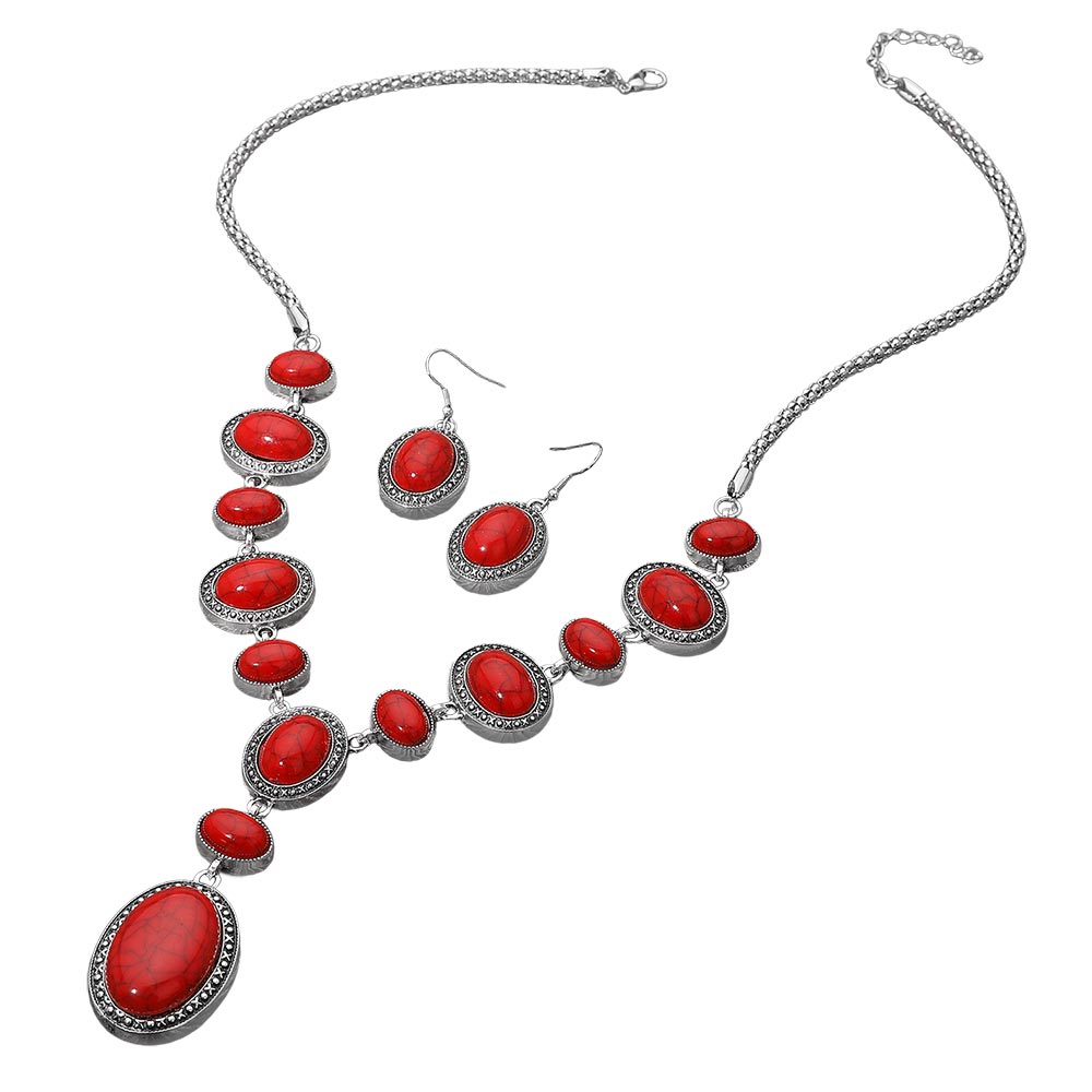 Madeline Love Red Bold Vintage Boho Oval Stone Link Cascading Statement Necklace - Necklaces - desc