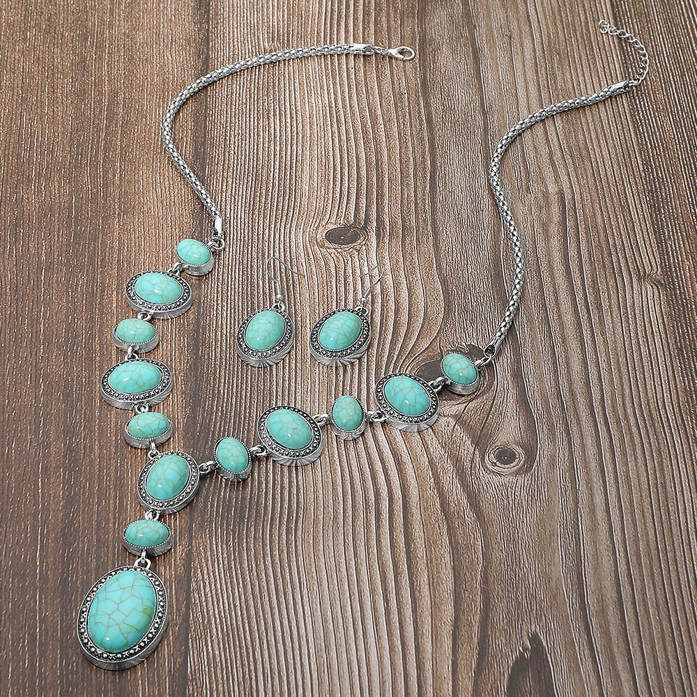 Madeline Love Turquoise Bold Vintage Boho Oval Stone Link Cascading Statement Necklace - Necklaces