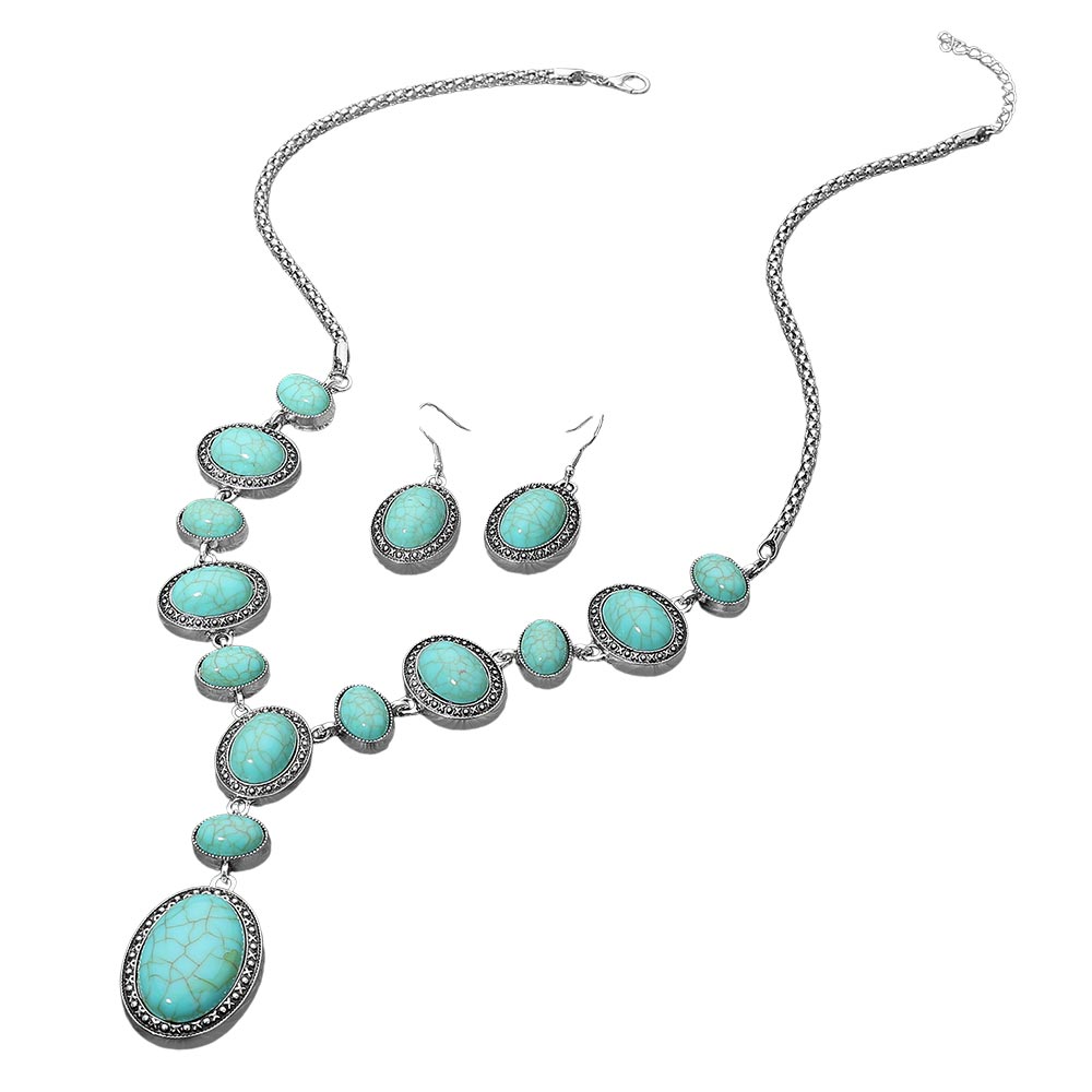 Madeline Love Turquoise Bold Vintage Boho Oval Stone Link Cascading Statement Necklace - Necklaces - desc