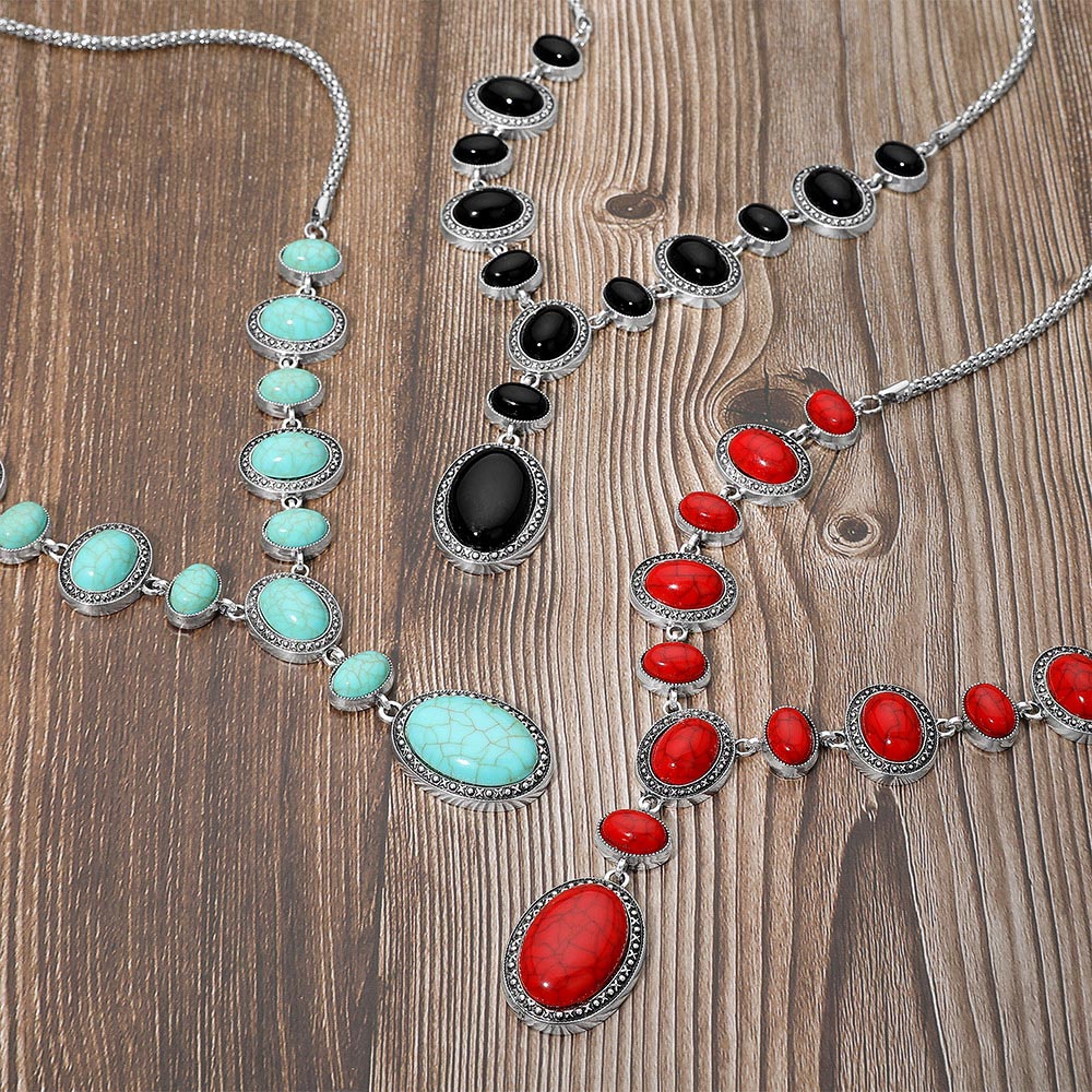 Madeline Love Turquoise Bold Vintage Boho Oval Stone Link Cascading Statement Necklace - Necklaces - extra