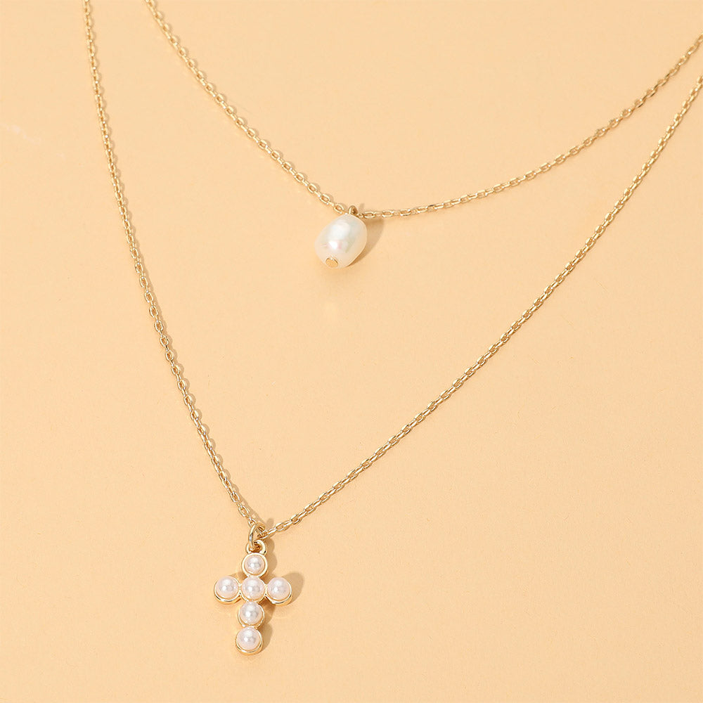 Madeline Love Cream, Gold Pearl Cross Charm Pendant Accent Layered Necklace