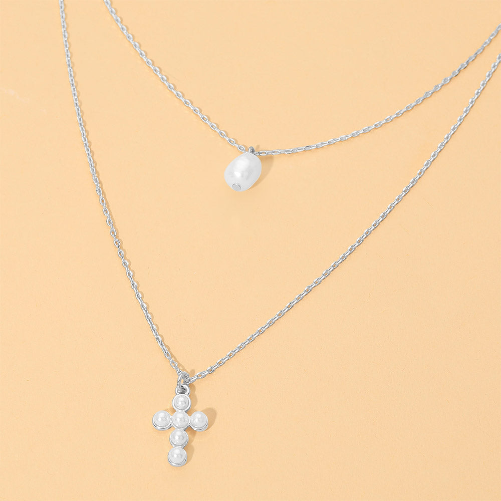Madeline Love Cream, Rhodium Pearl Cross Charm Pendant Accent Layered Necklace
