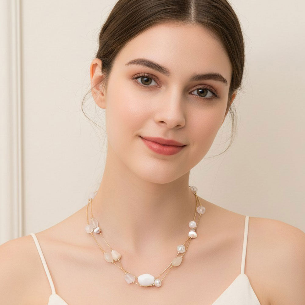 Madeline Love Gold, White Double Strand Beaded Necklace