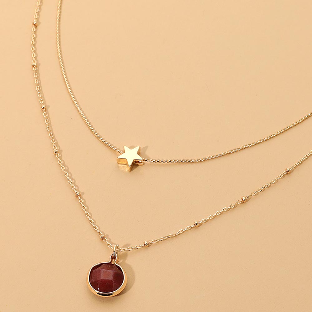 Madeline Love Burgundy, Gold Round Stone Pendant Star Charm Accent Layered Chain Necklace