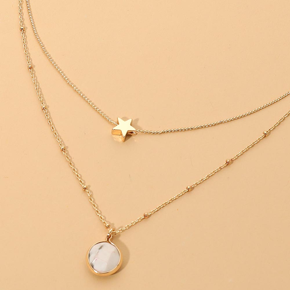Madeline Love Gold, Howlite Round Stone Pendant Star Charm Accent Layered Chain Necklace