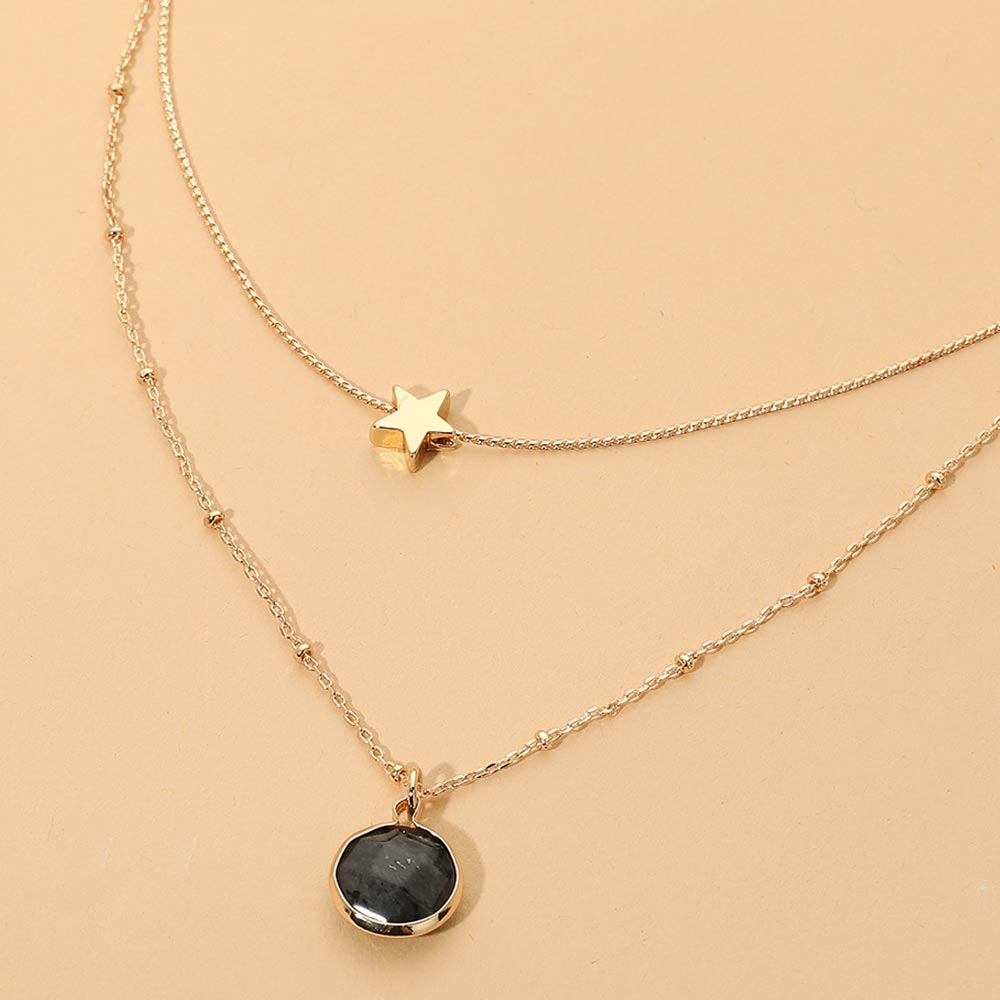 Madeline Love Black, Gold Round Stone Pendant Star Charm Accent Layered Chain Necklace