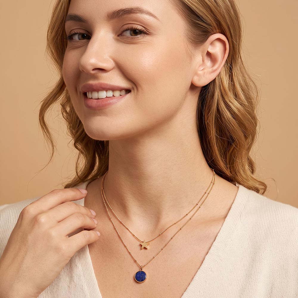Madeline Love Blue, Gold Round Stone Pendant Star Charm Accent Layered Chain Necklace