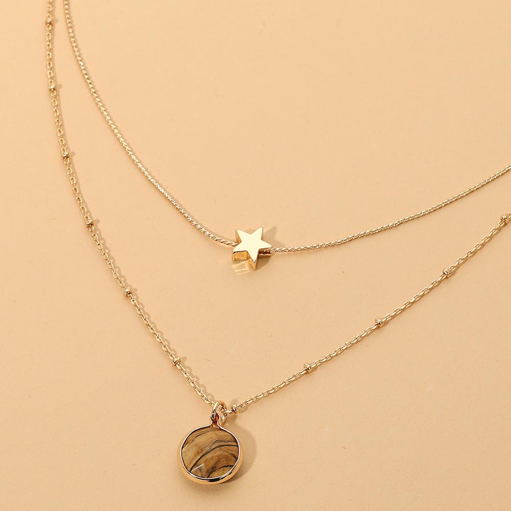 Madeline Love Brown, Gold Round Stone Pendant Star Charm Accent Layered Chain Necklace