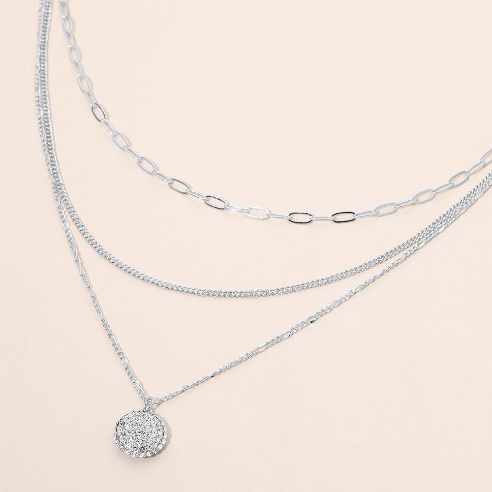 Madeline Love Clear, Rhodium Dainty Sparkling Dics Charm Accent Layered Chain Necklace