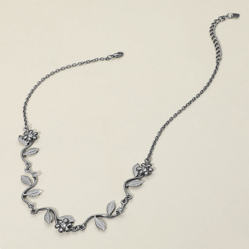 Madeline Love Clear, Hematite Rhinestone Flower Leaf Metal Necklace