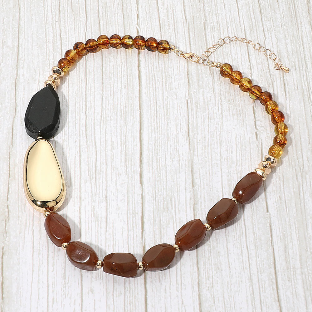 Madeline Love Brown, Gold Boho Asymmetric Chunky Beaded Statement Necklace
