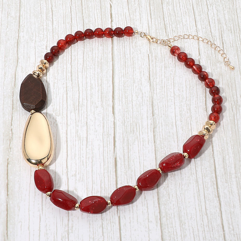Madeline Love Burgundy, Gold Boho Asymmetric Chunky Beaded Statement Necklace