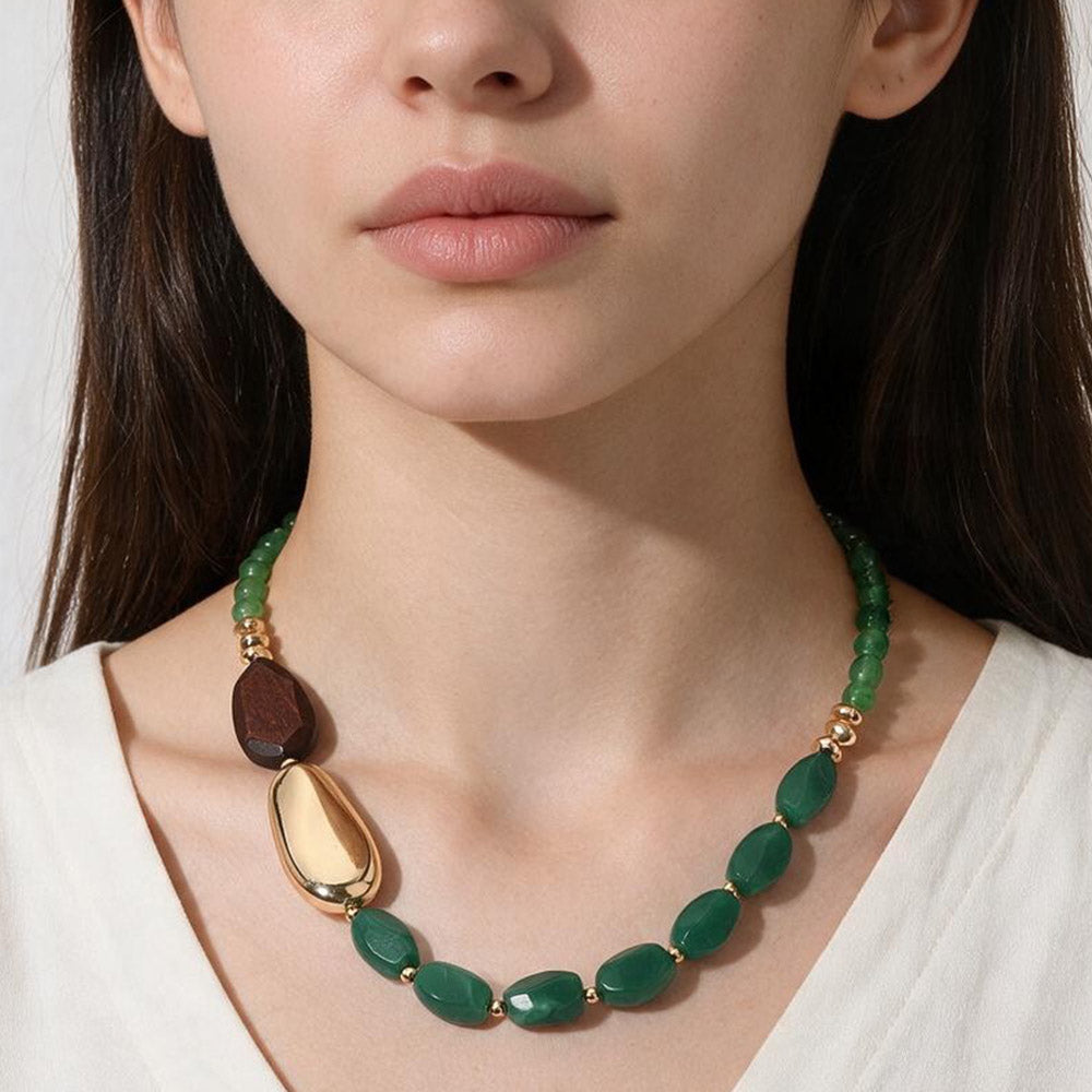 Madeline Love Gold, Green Boho Asymmetric Chunky Beaded Statement Necklace