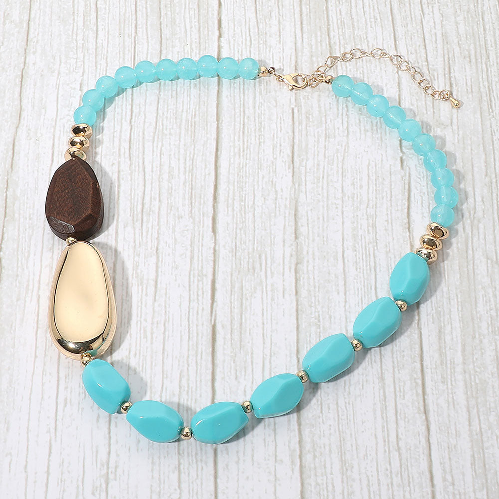 Madeline Love Gold, Turquoise Boho Asymmetric Chunky Beaded Statement Necklace