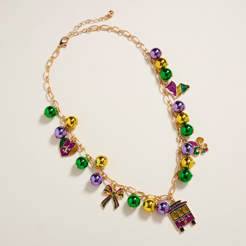 Multi, Yellow Mardi Gras Charm Beads Statement Necklace