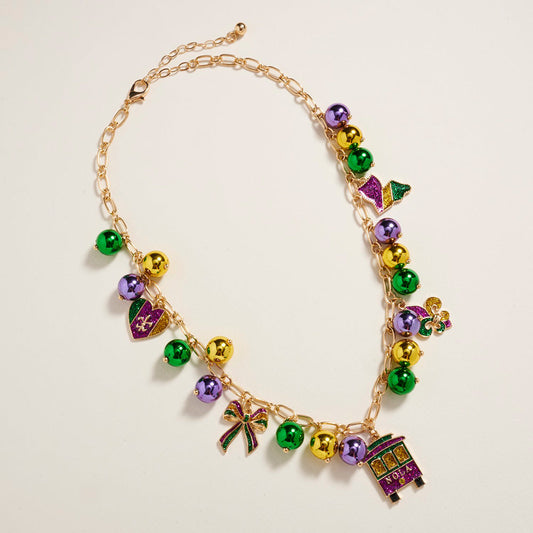 Multi, Yellow Mardi Gras Charm Beads Statement Necklace