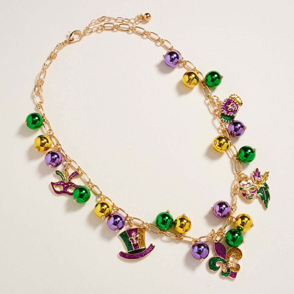 Green, Multi Mardi Gras Charm Beads Statement Necklace