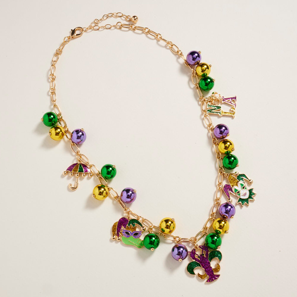 Multi, Purple Mardi Gras Charm Beads Statement Necklace