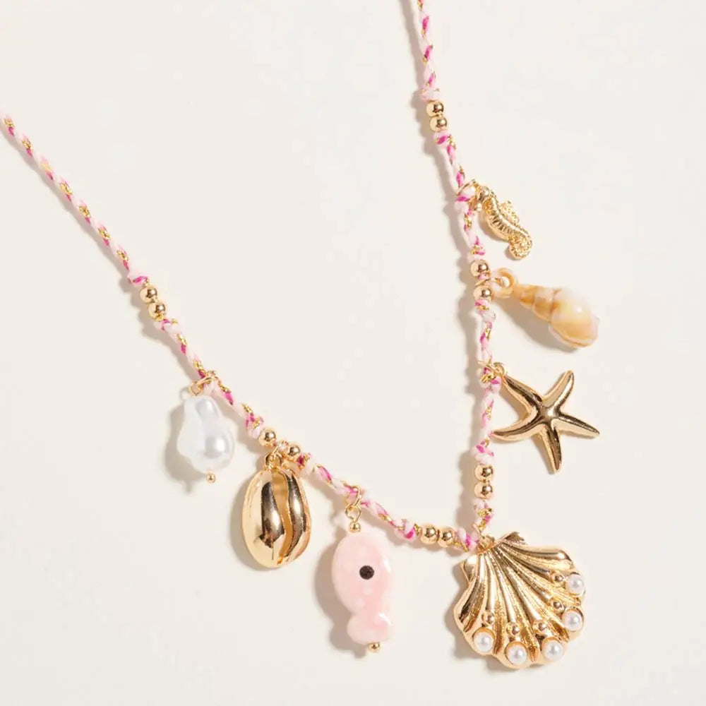 Madeline Love Gold, Pink Pearl Seashell Starfish Seahorse Charm Station Fabric Chain Twisted Necklace - Necklaces