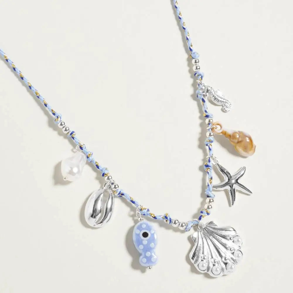Madeline Love Blue, Silver Pearl Seashell Starfish Seahorse Charm Station Fabric Chain Twisted Necklace - Necklaces
