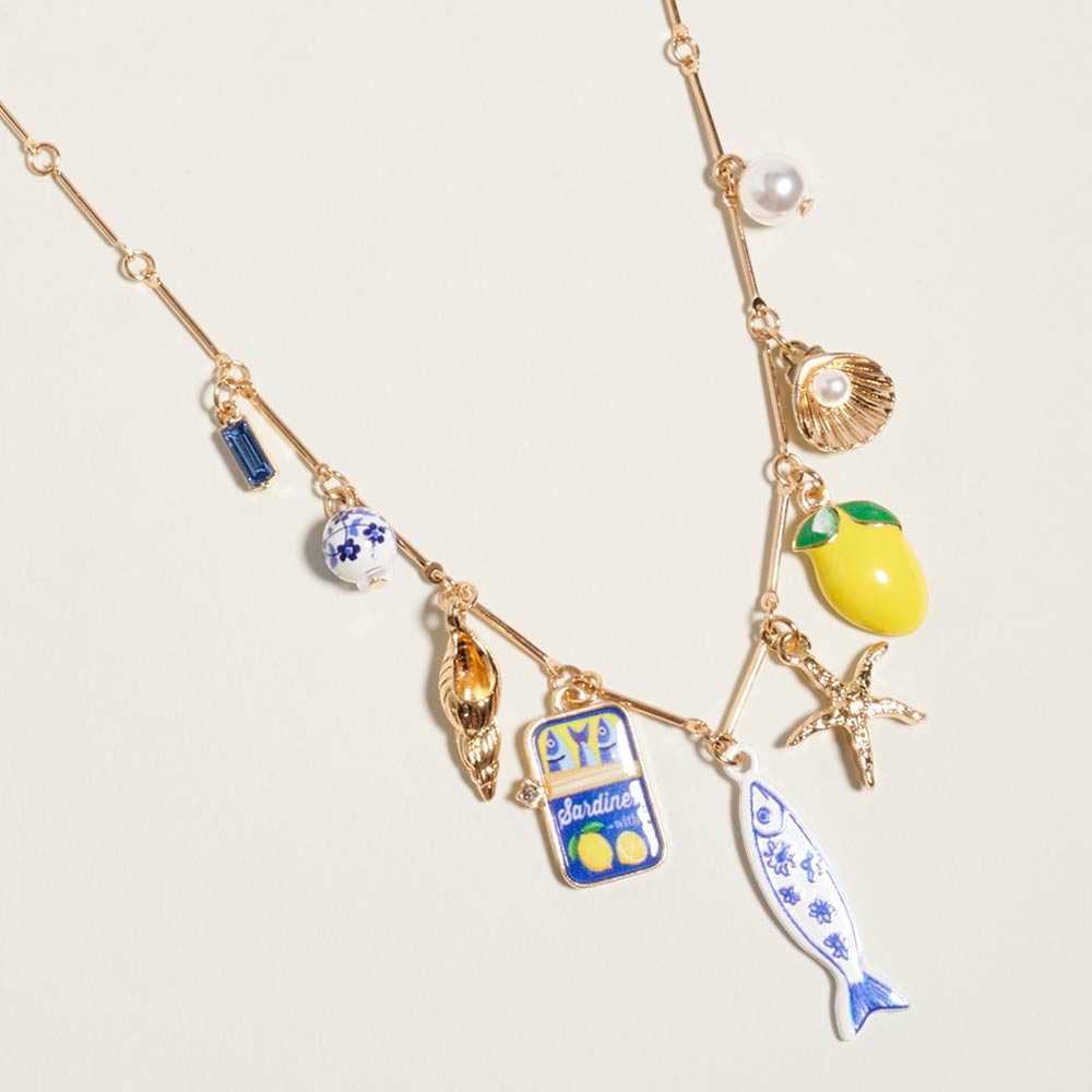 Madeline Love Blue, Gold Mediterranean Coastal Charm Station Necklace - Necklaces