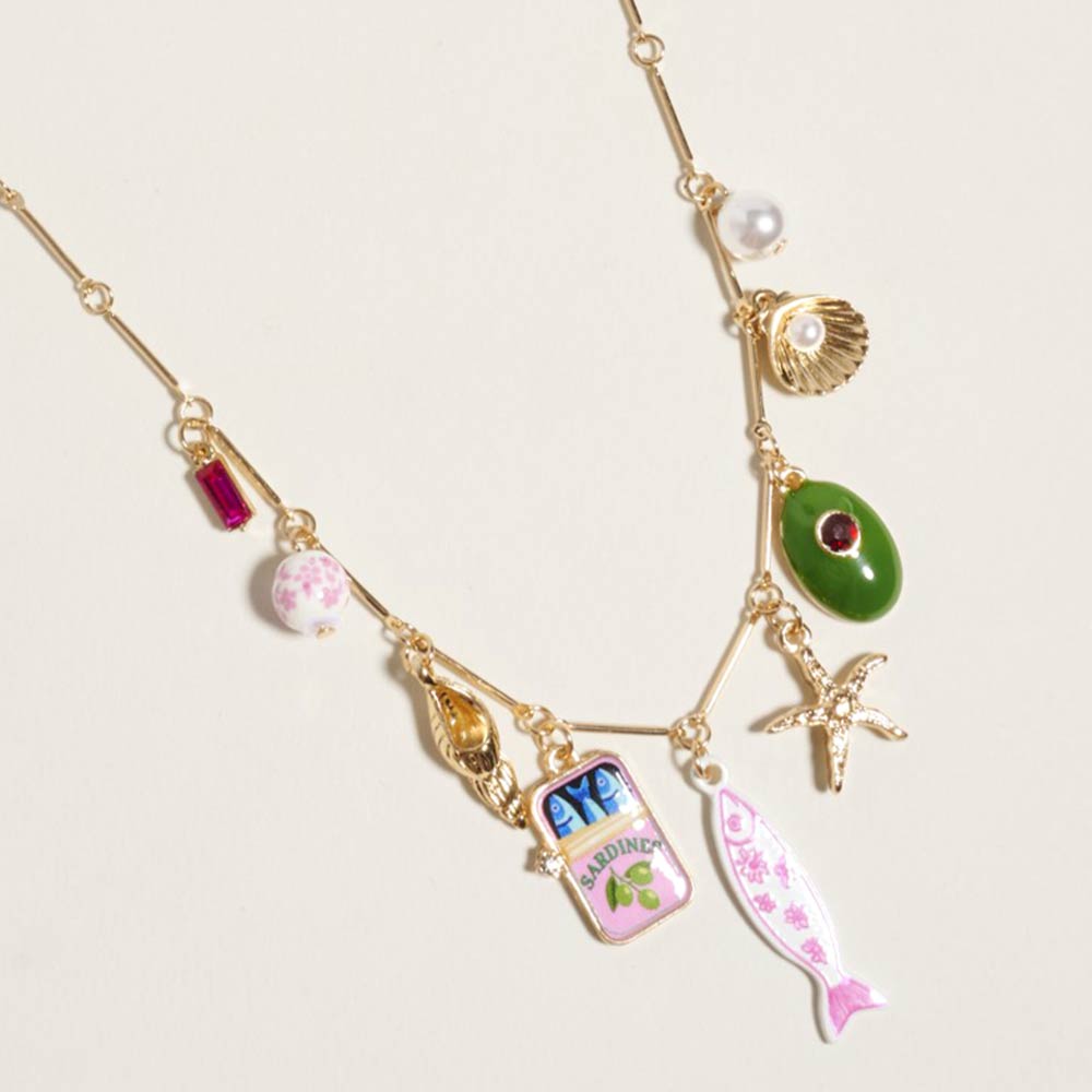 Madeline Love Gold, Pink Mediterranean Coastal Charm Station Necklace - Necklaces
