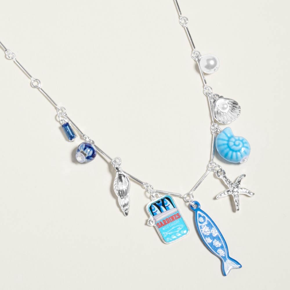 Madeline Love Blue, Silver Mediterranean Coastal Charm Station Necklace - Necklaces