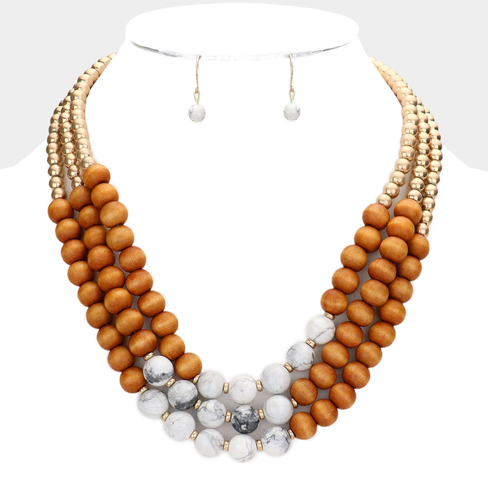 Pink Worn Gold Wood Beaded Triple Layered Necklace