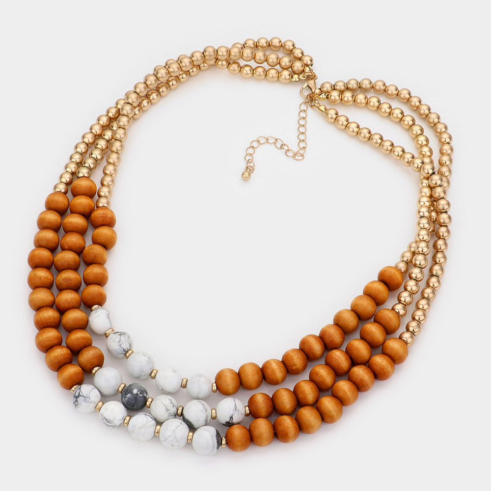 Howlite Worn Gold Wood Beaded Triple Layered Necklace