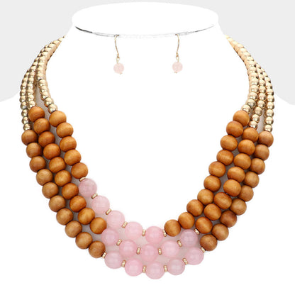 Pink Worn Gold Wood Beaded Triple Layered Necklace