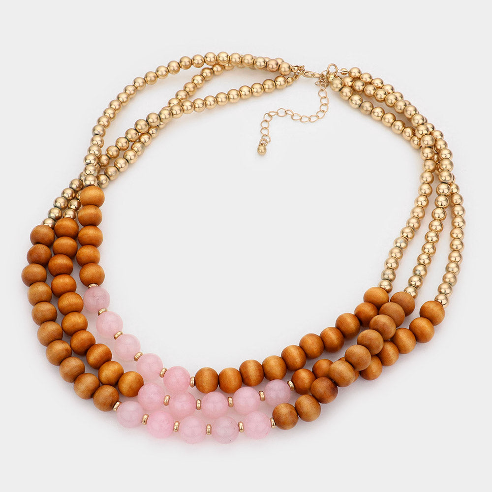 Howlite Worn Gold Wood Beaded Triple Layered Necklace