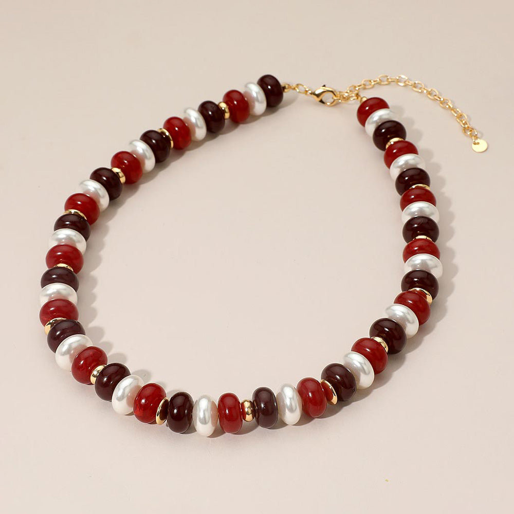 Madeline Love Burgundy, Gold Chunky Marbled Beads Pearl Beaded Statement Necklace - Necklaces
