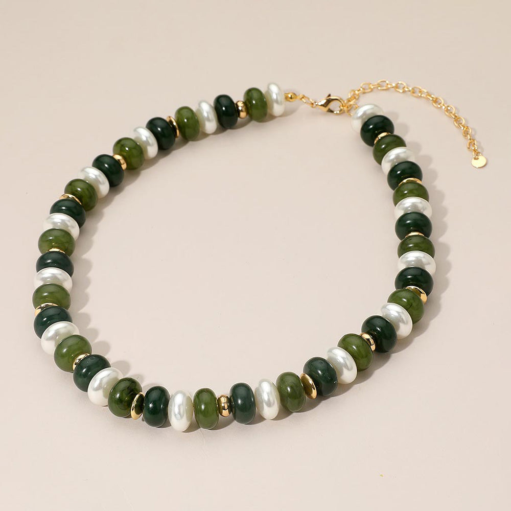 Madeline Love Gold, Olive Green Chunky Marbled Beads Pearl Beaded Statement Necklace - Necklaces