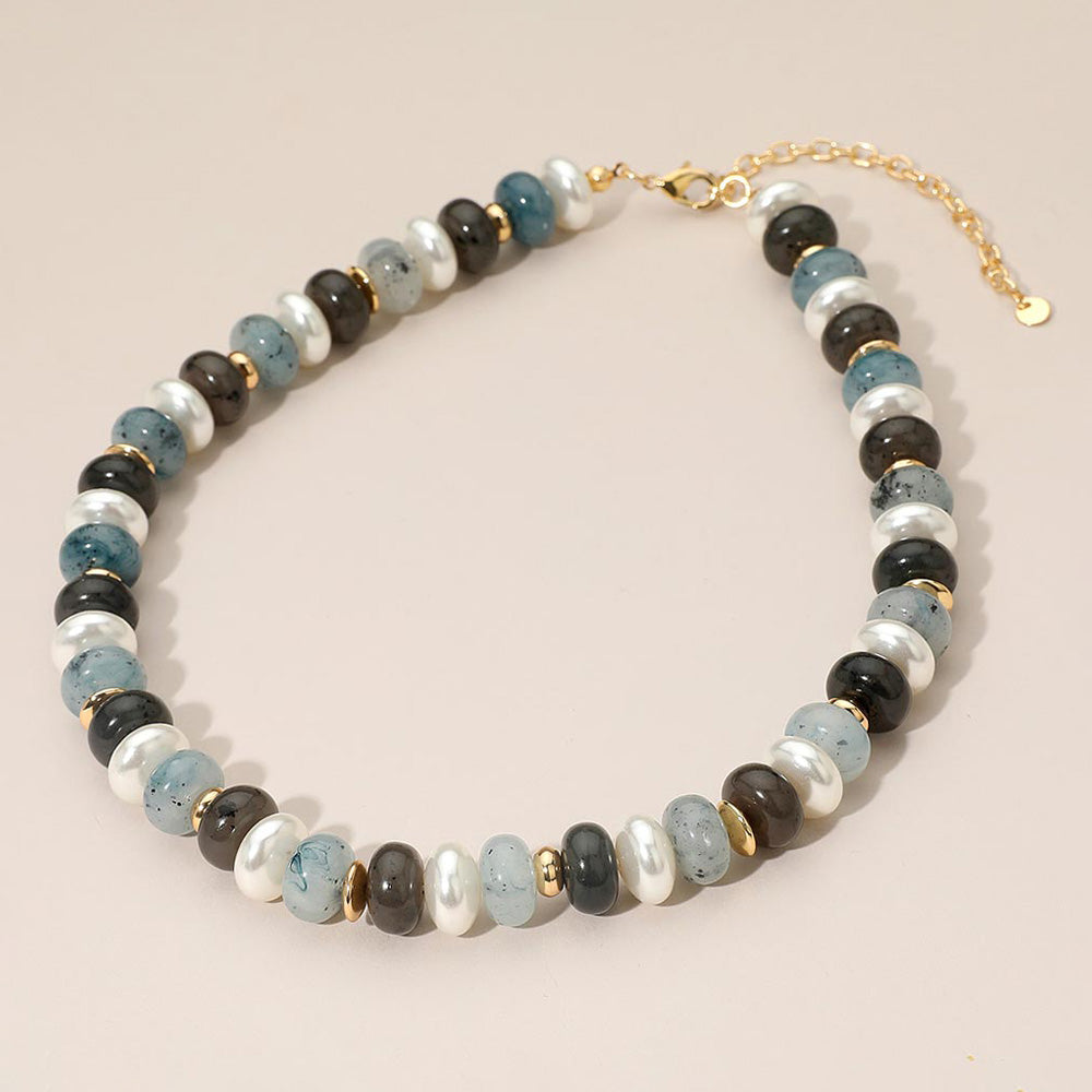 Madeline Love Gold, Gray Chunky Marbled Beads Pearl Beaded Statement Necklace - Necklaces