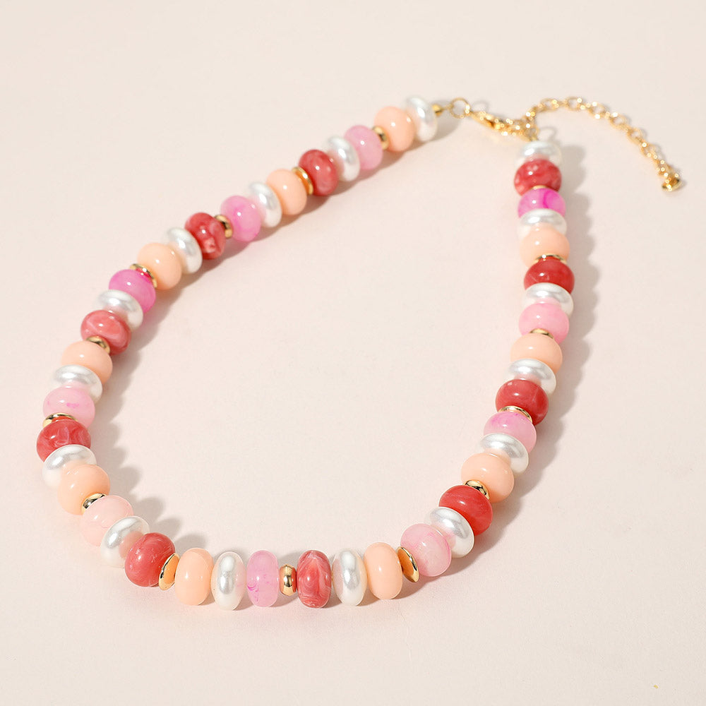 Madeline Love Gold, Pink Chunky Marbled Beads Pearl Beaded Statement Necklace - Necklaces