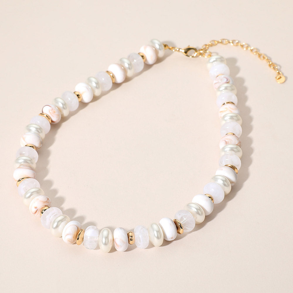 Madeline Love Gold, White Chunky Marbled Beads Pearl Beaded Statement Necklace - Necklaces