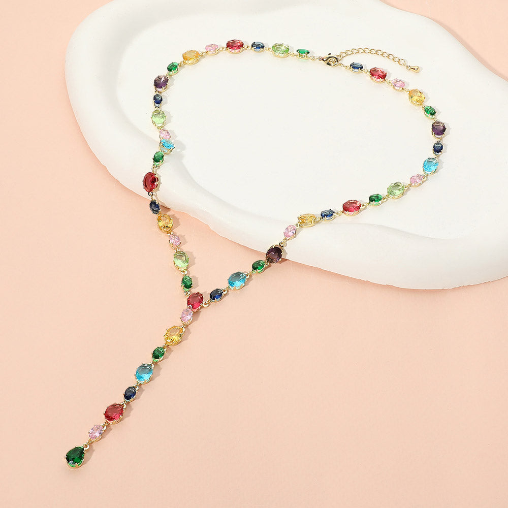 Madeline Love Multi Stainless Steel Mixed Shape Multicolor Gem Link Y Drop Necklace