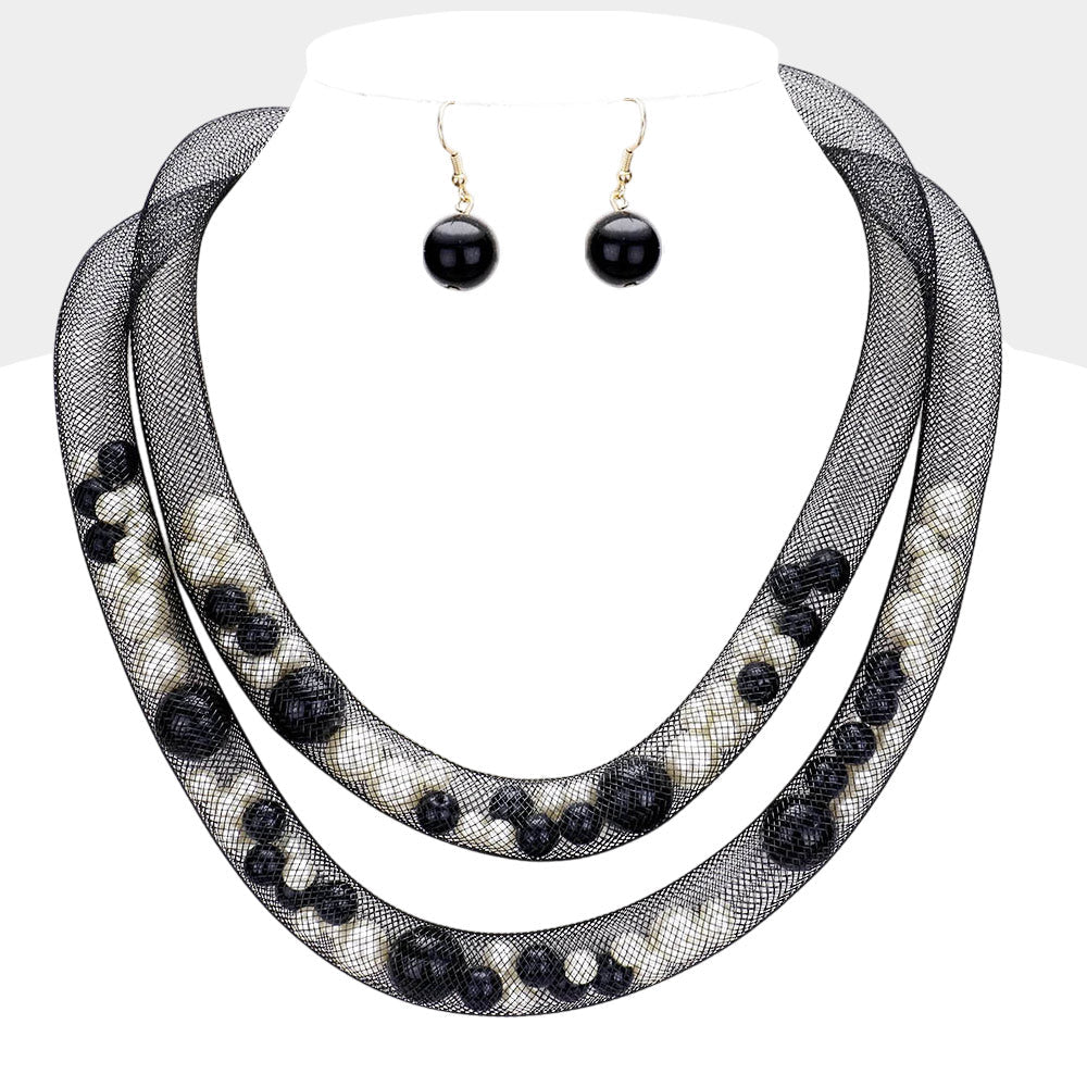 Madeline Love Black, Cream Double Mesh Tube Pearl Collar Necklace - Necklaces