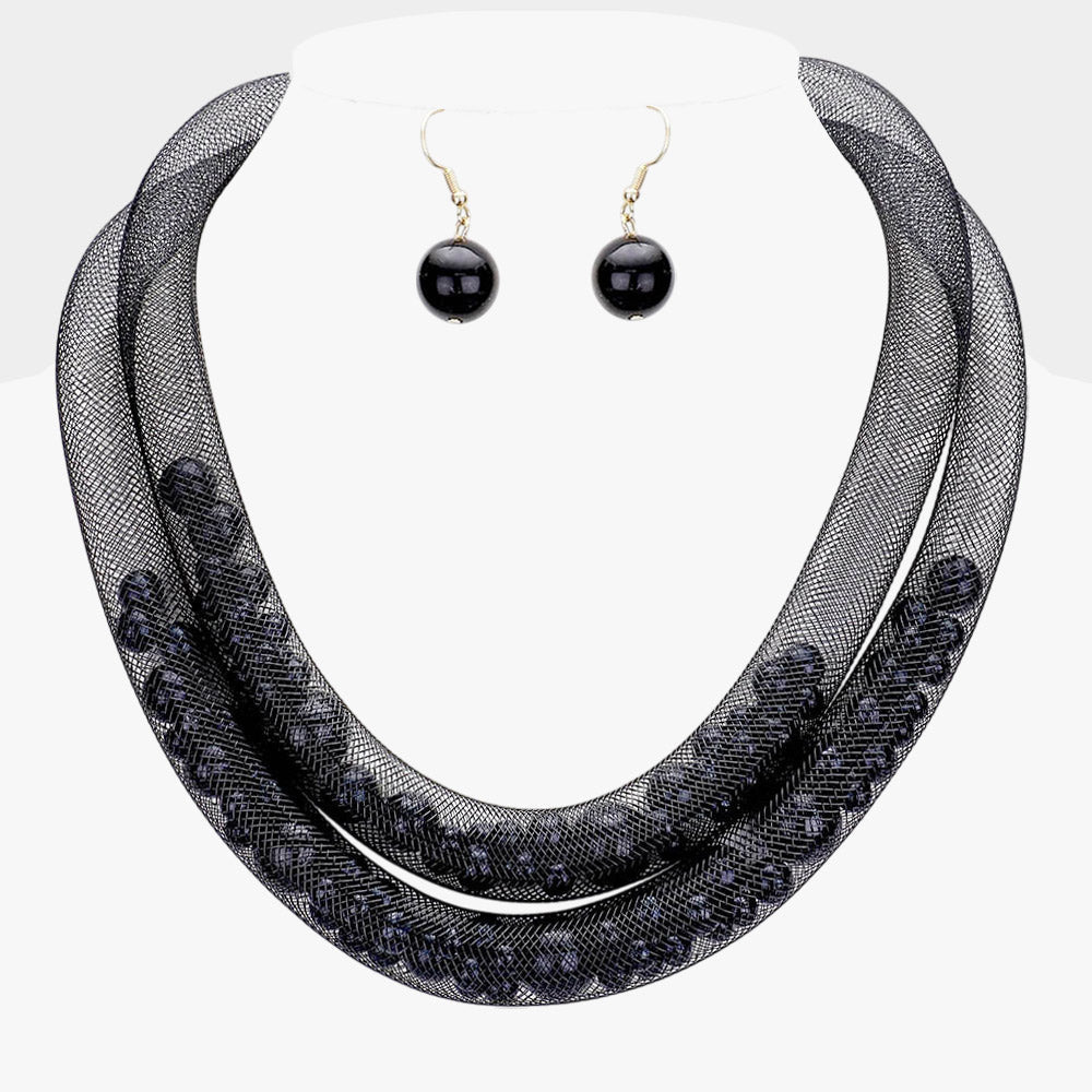 Madeline Love Black Double Mesh Tube Pearl Collar Necklace - Necklaces