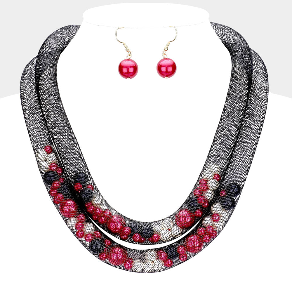 Madeline Love Black, Multi Double Mesh Tube Pearl Collar Necklace - Necklaces