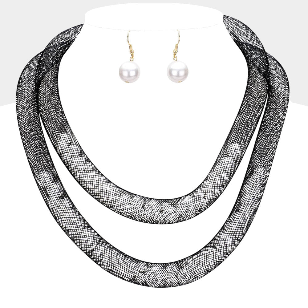Madeline Love Black, White Double Mesh Tube Pearl Collar Necklace - Necklaces