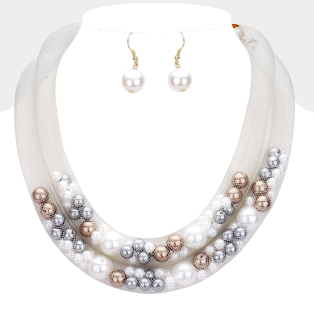 Madeline Love Multi Double Mesh Tube Pearl Collar Necklace - Necklaces