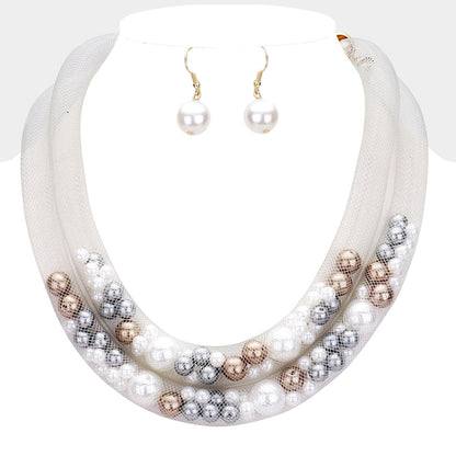 Madeline Love Multi Double Mesh Tube Pearl Collar Necklace - Necklaces